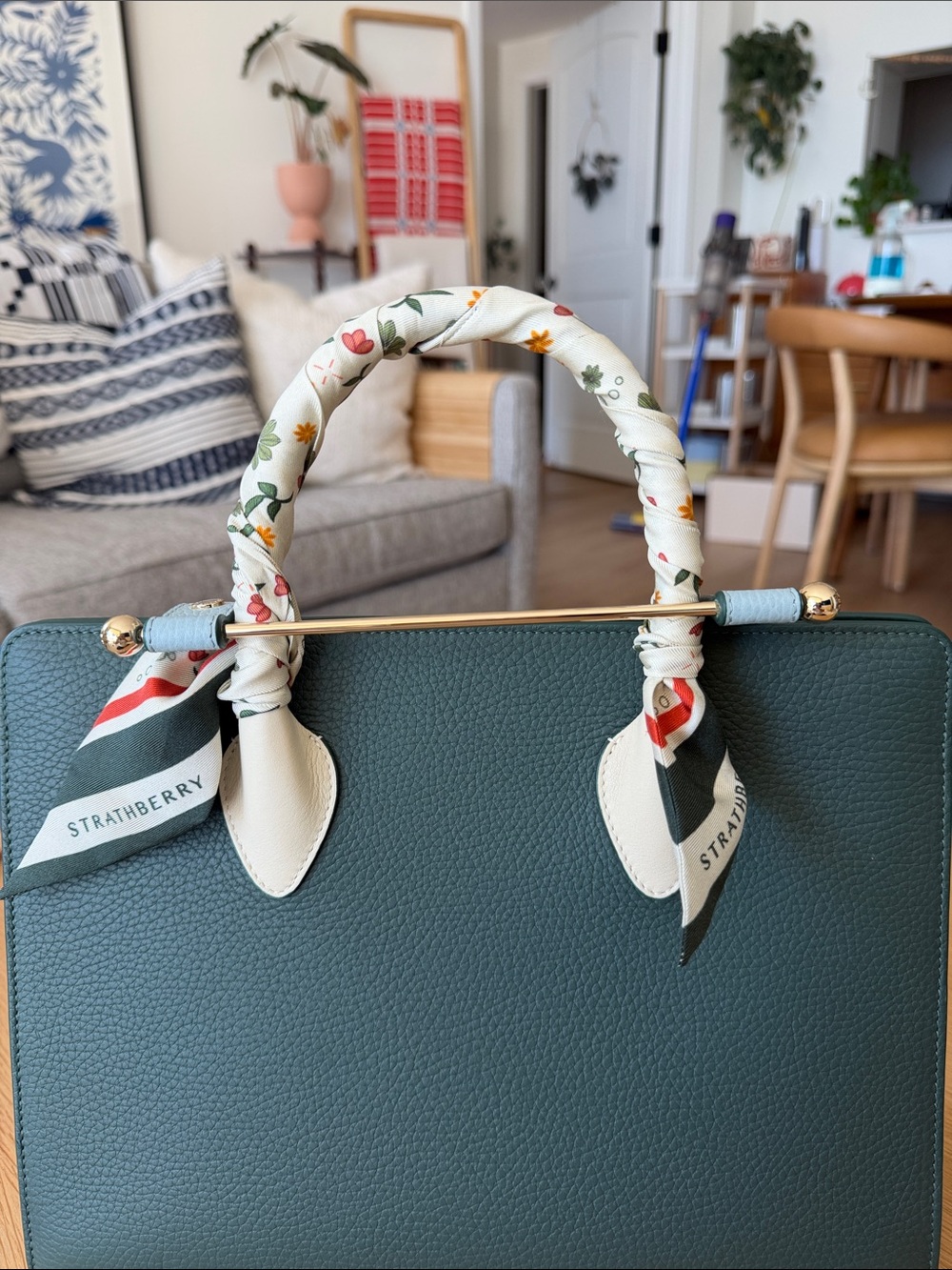 Strathberry Dark Green & Cream Midi Tote with Gold Bar - Picture 9 of 16